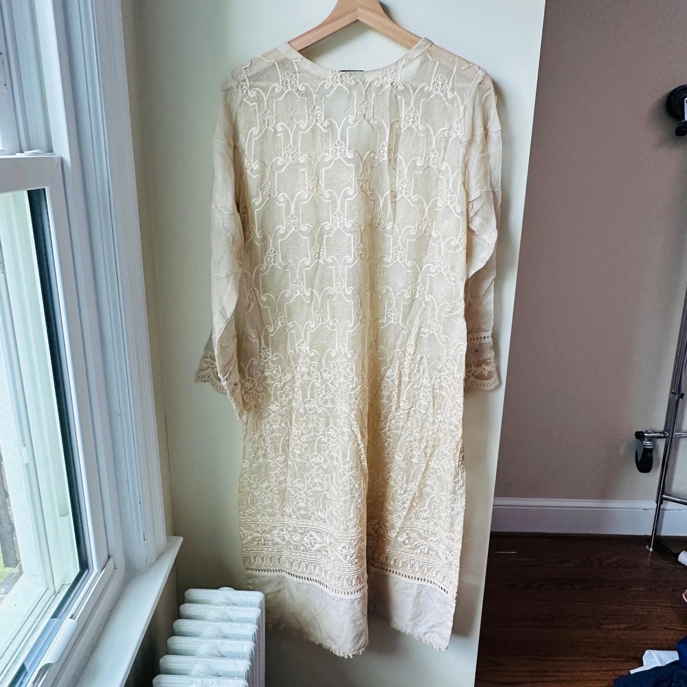 Agha Noor Kurta Tunic Cream Embroidered Organza Medium Wedding Eid Formal - Picture 8 of 9